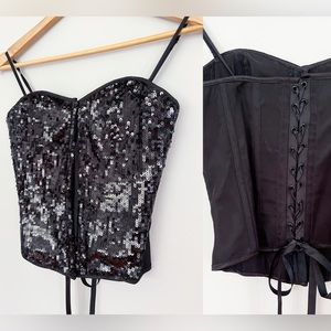 Vintage Y2K Sequin Bustier Lace Up Corset Top Boned Hook and Eye Closure Black